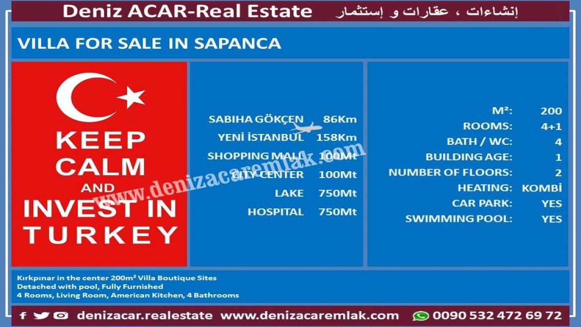 Sakarya Sapanca FURNISHED VILLA WITH PRIVATE GARDEN AND POOL Satılık Villa